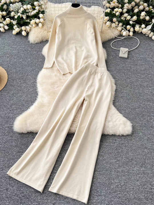 High Neck Sweater Women Versatile Autumn and Winter Lazy Style Long Sleeved Sweater High Waist Wide Leg Long Pants Two-piece Set