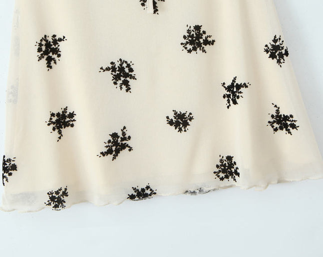 Square Collar Floral Print Beige Color Short Sleeve Casual Fashion Mini Summer Dress for Ladies