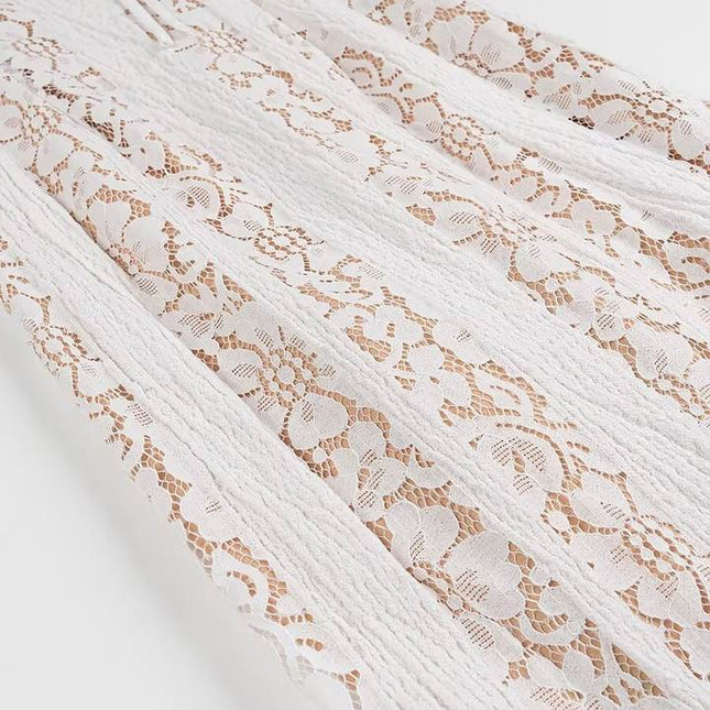 Slash Neck White Color Long Sleeve Floral Lace Casual Fashion Maxi Dress for Women
