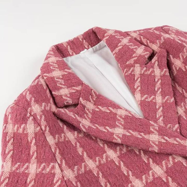 2 Colorway Double Breasted Long Sleeve Notched Collar Plaid Print Casual Fashion Crop blazer for Women