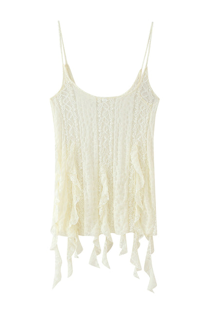 Spaghetti Strap Beige Color Front Ruffle Knitted Casual Fashion Women's tank Tops
