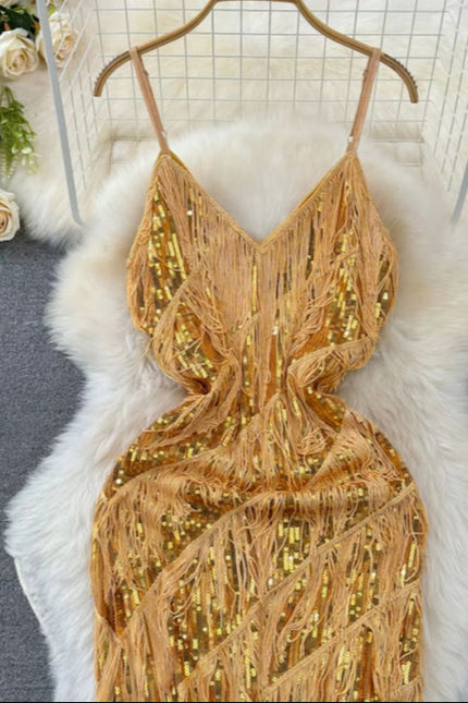 Women Sequined Tassel V-neck Mini Party Dresses Solid Color Luxury French Clubwear Straps Dress