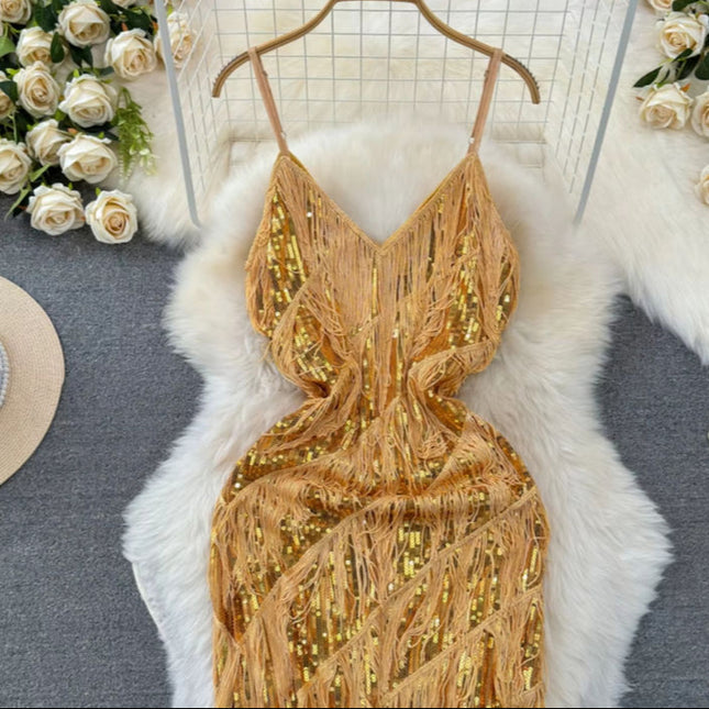 Women Sequined Tassel V-neck Mini Party Dresses Solid Color Luxury French Clubwear Straps Dress