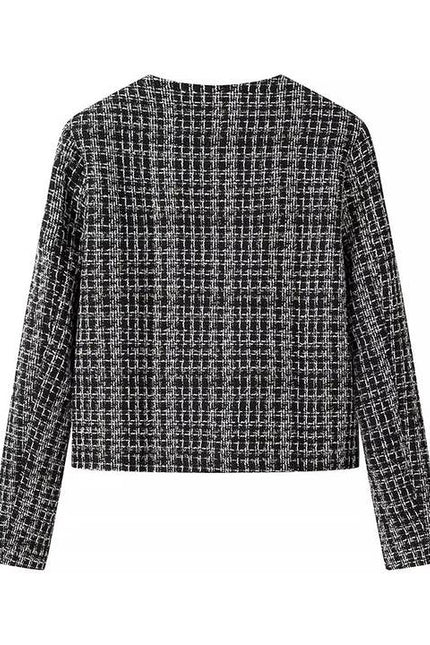 Crew Neck Single Breasted Black Color Long Sleeve Casual Fashion Tweed Jacket for Women