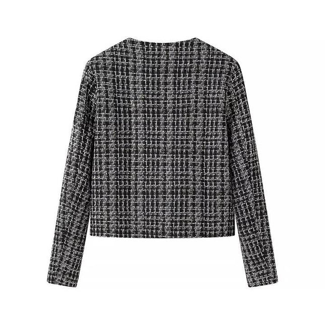 Crew Neck Single Breasted Black Color Long Sleeve Casual Fashion Tweed Jacket for Women