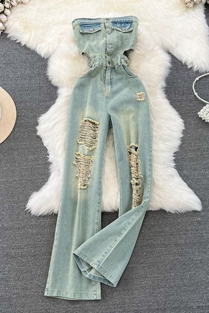 Summer Retro Tube Midriff Outfit Ladies Jumpsuit Casual High Waist Slimming Bodysuits Jeans Jumpsuit for Women