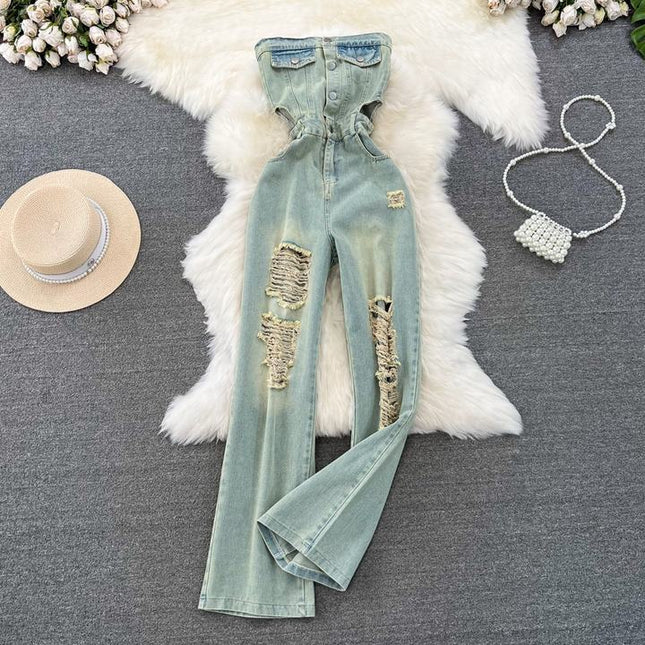 Summer Retro Tube Midriff Outfit Ladies Jumpsuit Casual High Waist Slimming Bodysuits Jeans Jumpsuit for Women