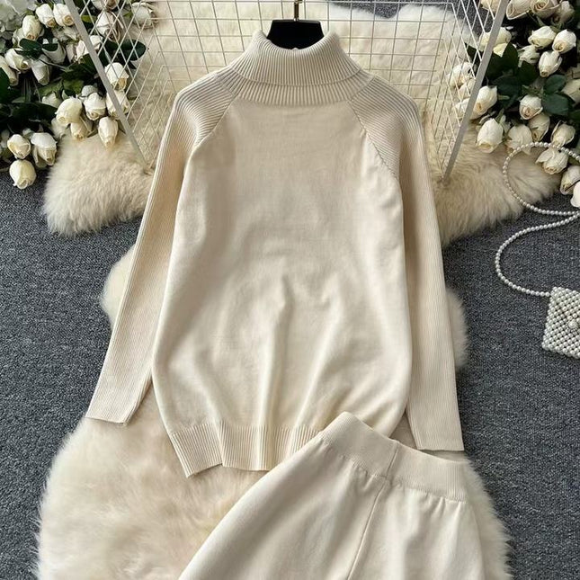 High Neck Sweater Women Versatile Autumn and Winter Lazy Style Long Sleeved Sweater High Waist Wide Leg Long Pants Two-piece Set