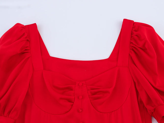 Square Collar Red Color Short Sleeve Buttons up Hot Sale Casual Fashion Pleated Long Dress for Women