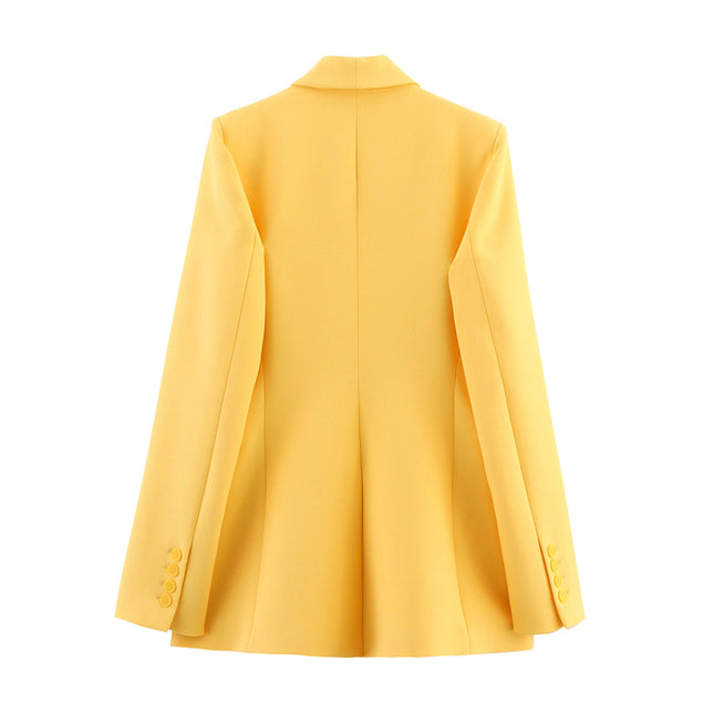 Notched Collar Double Breasted Yellow Color Long Sleeve Casual Fashion blazer Jacket for Women