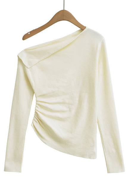 2 Colorway Asymmetrical Design Long Sleeve Solid Color Casual Fashion Tops Blouse for Women
