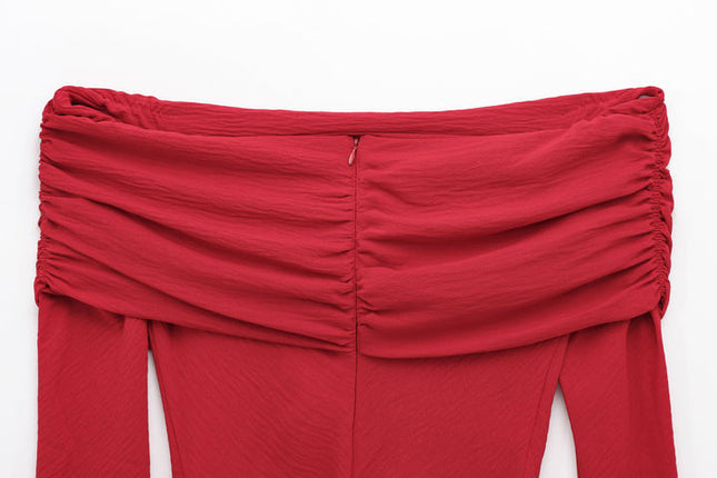 Slash Neck Long Sleeve Red Color Pleated Back Zipper Fly Casual Fashion Tops Shirts for Women