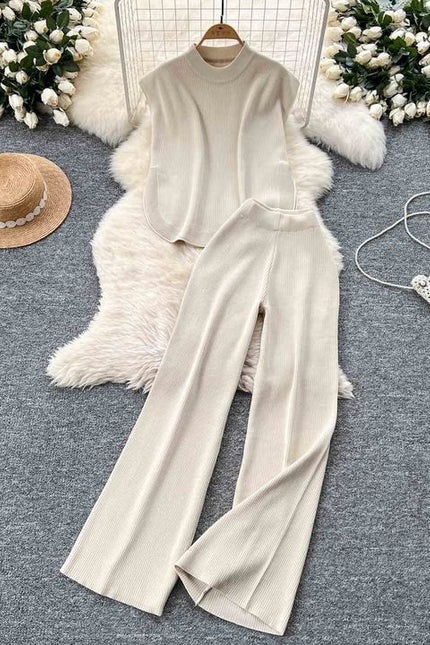 Two-piece Knitted Suit for Women Loose-fitting Round-neck Sleeveless Top Slit High-waisted Wide-leg Trousers
