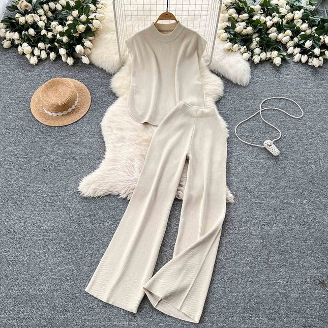 Two-piece Knitted Suit for Women Loose-fitting Round-neck Sleeveless Top Slit High-waisted Wide-leg Trousers