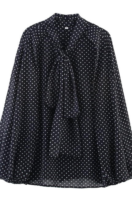 Bow Tie Collar Black Color Polka Dot Print Long Sleeve Casual Fashion Tops Blouse for Women