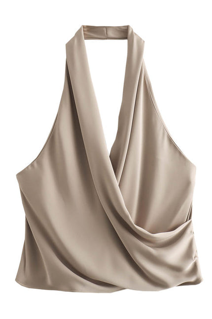 2 Colorway Front Pleated Solid Color Back Hollow Out Casual Fashion Ladies Halter tank Tops