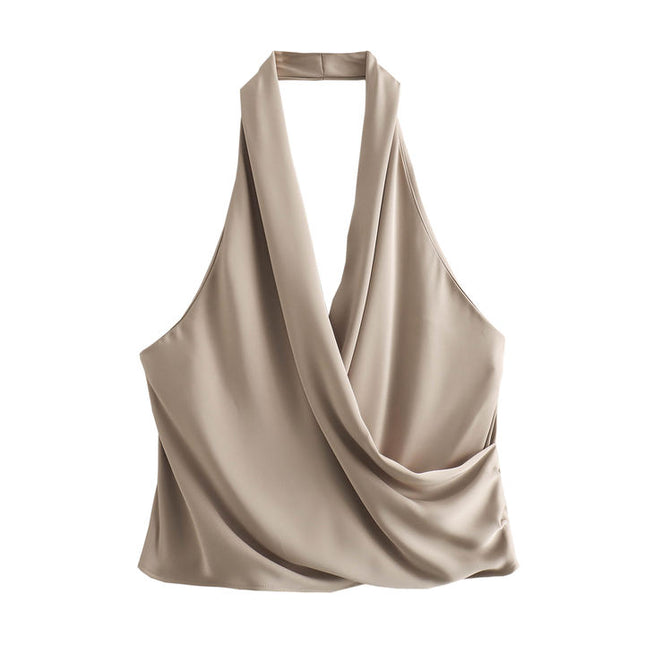 2 Colorway Front Pleated Solid Color Back Hollow Out Casual Fashion Ladies Halter tank Tops