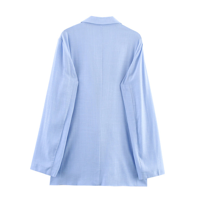 Notched Collar Long Sleeve Blue Color Single Button Casual Fashion blazer Jacket for Women