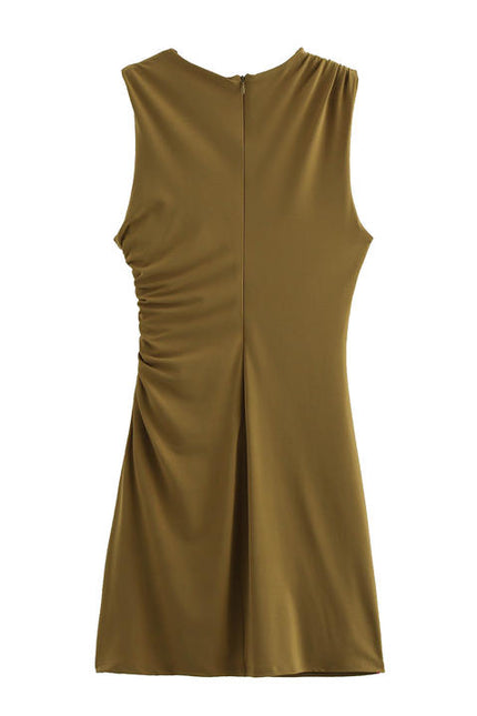 5 Colorway Crew Neck Sleeveless Pleated Zipper Fly Solid Color Casual Fashion Mini Summer Dress for Women