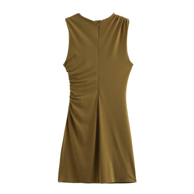 5 Colorway Crew Neck Sleeveless Pleated Zipper Fly Solid Color Casual Fashion Mini Summer Dress for Women