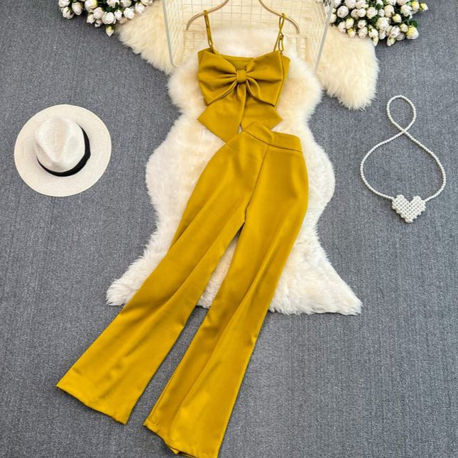 Casual Set of Female Casual Pants Pants Two-piece Bow Top Set