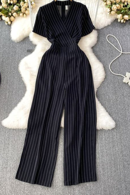 Summer Casual V-neck Jumpsuit High Waist Striped Long Jumpsuit Women