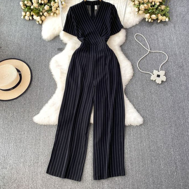 Summer Casual V-neck Jumpsuit High Waist Striped Long Jumpsuit Women
