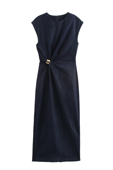 Crew Neck Front Pleated Sleeveless Denim Blue Color Casual Fashion Long Jeans Dress for Women
