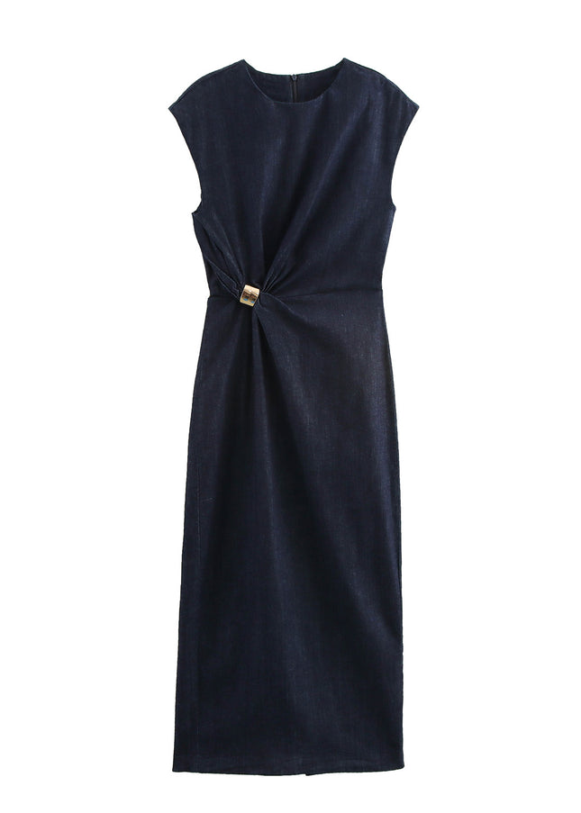 Crew Neck Front Pleated Sleeveless Denim Blue Color Casual Fashion Long Jeans Dress for Women