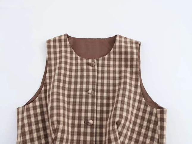 Crew Neck Plaid Print Brown Color Buttons up Casual Fashion Vest Waistcoat for Women