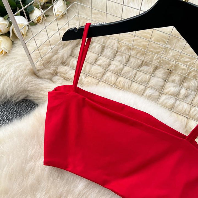 2025 Summer Women Suit Red Short Camisole Vest Open Skirt Two Piece