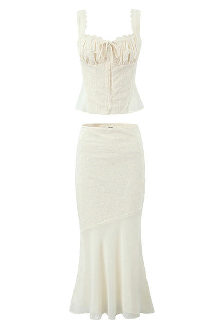 Shoulder Strap Front Lace up tank Top Beige Color Long Skirt Casual Fashion Cotton Women 2 Piece Set
