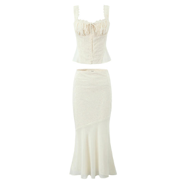 Shoulder Strap Front Lace up tank Top Beige Color Long Skirt Casual Fashion Cotton Women 2 Piece Set