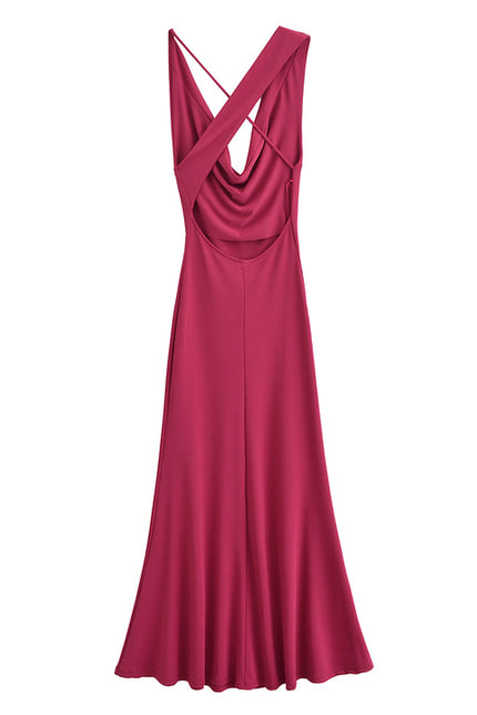 Rose Color Drop Collar Sleeveless Back Hollow Out Casual Fashion Summer Long Dress for Women