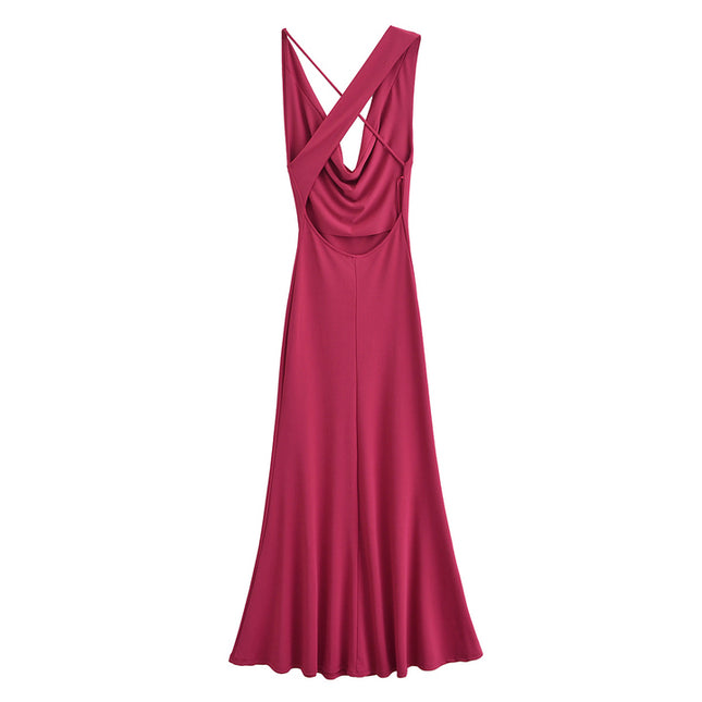 Rose Color Drop Collar Sleeveless Back Hollow Out Casual Fashion Summer Long Dress for Women