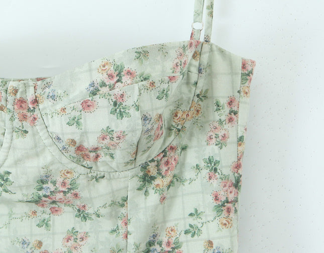 Spaghetti Strap Floral Print Green Color Casual Fashion Summer Long slip Dress for Women