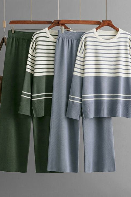 Autumn Winter New Striped Knitted Two-piece Round Neck Sweater Top + Fashion Trousers 2-piece Set