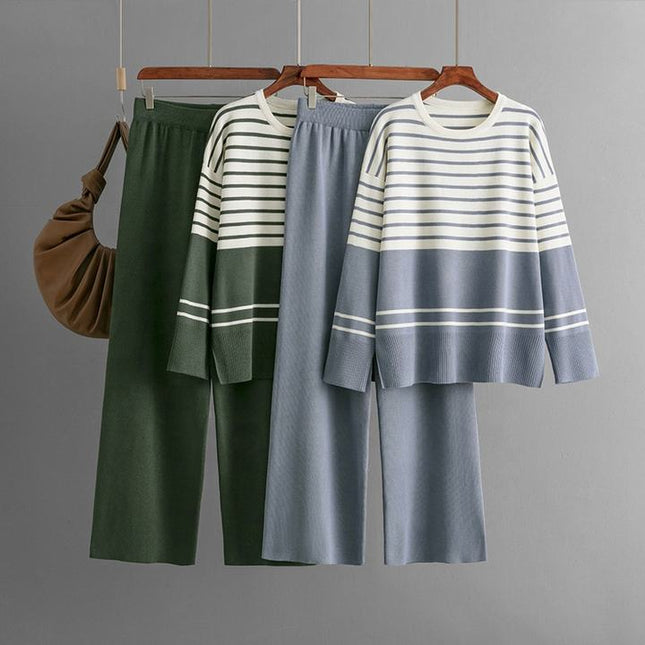 Autumn Winter New Striped Knitted Two-piece Round Neck Sweater Top + Fashion Trousers 2-piece Set