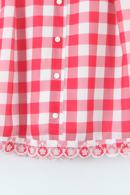 V Neck Buttons up Red White Color Plaid Print Sleeveless Casual Fashion Summer Cotton Mini Dress for Women