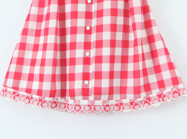 V Neck Buttons up Red White Color Plaid Print Sleeveless Casual Fashion Summer Cotton Mini Dress for Women