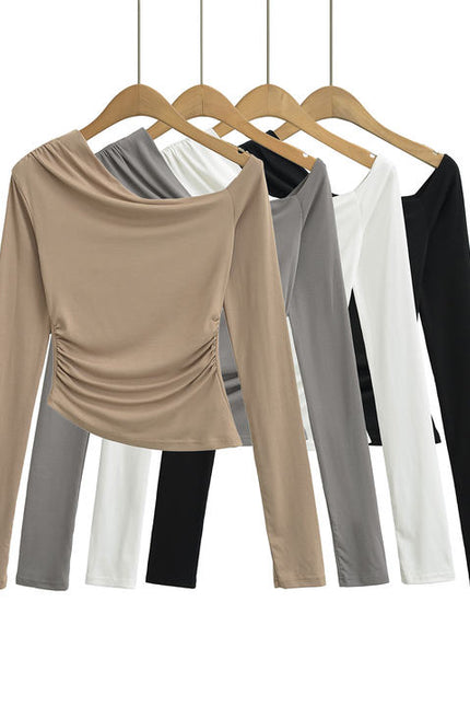 4 Colorway Asymmetrical Design Solid Color Long Sleeve Pleated Casual Fashion t Shirt for Women