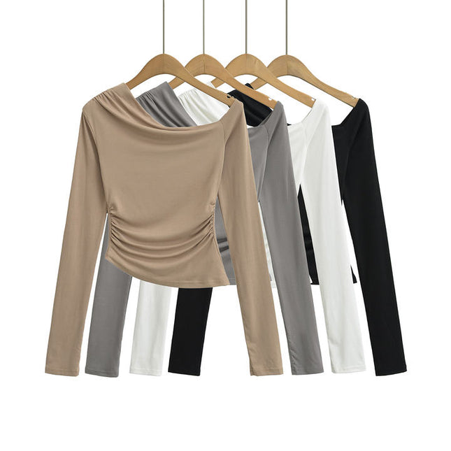 4 Colorway Asymmetrical Design Solid Color Long Sleeve Pleated Casual Fashion t Shirt for Women