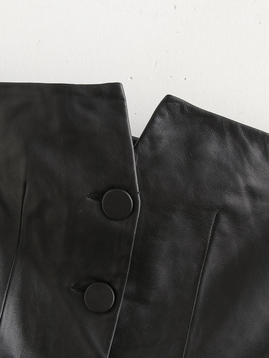Strapless Black Color Buttons up Casual Fashion Leather tank Top for Women