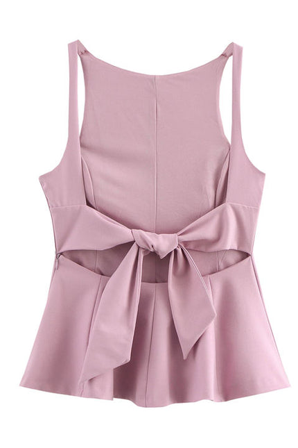 2 Colorway Solid Color Back Hollow Out Bow Tie Sleeveless Casual Fashion Tops Blouse for Women