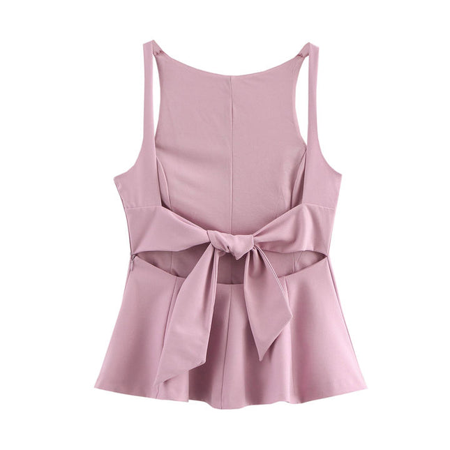 2 Colorway Solid Color Back Hollow Out Bow Tie Sleeveless Casual Fashion Tops Blouse for Women