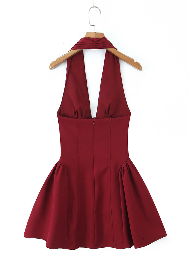 Back Hollow Out Sleeveless Red Color Hot Sale Casual Fashion Summer Mini Halter Dress for Women
