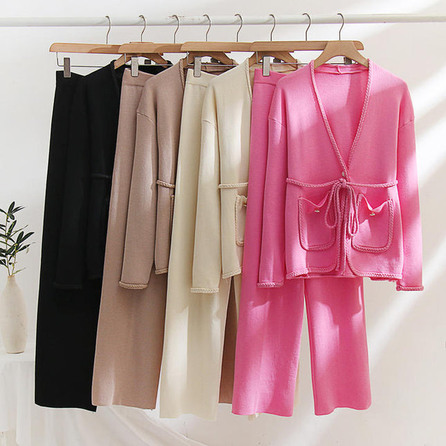 Soiling High Quality Winter Autumn Knitted Solid Color Long Sleeve V Neck H Type 2 Piece Set Women Sweater Suit