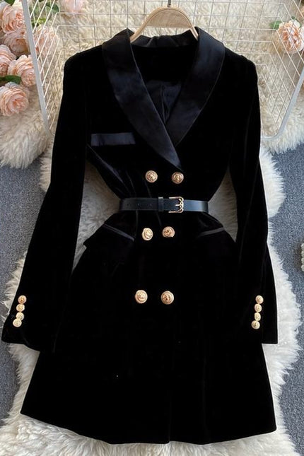 High Quality Fall Winter Black Elegant Women Double Breasted Velvet Long Blazer Dress for Ladies