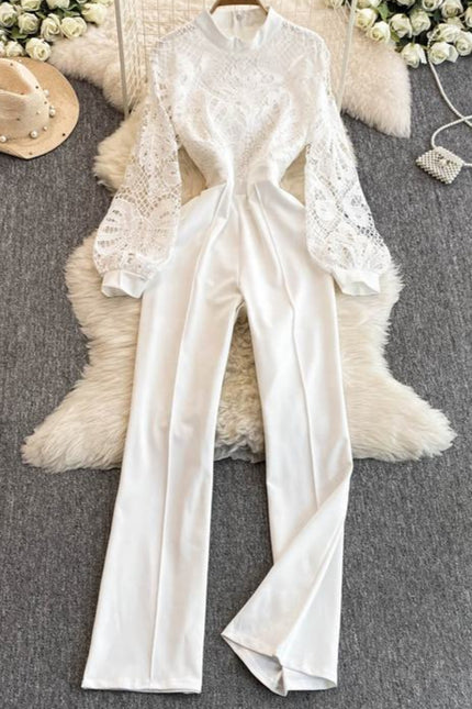 Lace Patchwork Lantern Sleeve Jumpsuit for Women in Spring and Autumn Wide Leg Pants