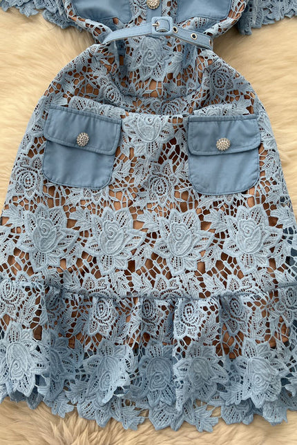 2025 Short Sleeved Dress with Hollow Embroidery Design for Women's Summer Mid Length Skirt